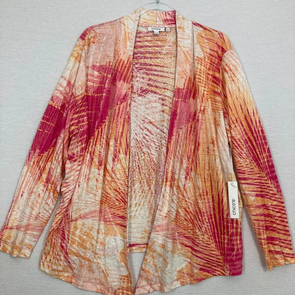 New Chico's Red Orange Palm Leaf Print 100% Linen Open Front Cardigan XL/3 - Picture 1 of 11
